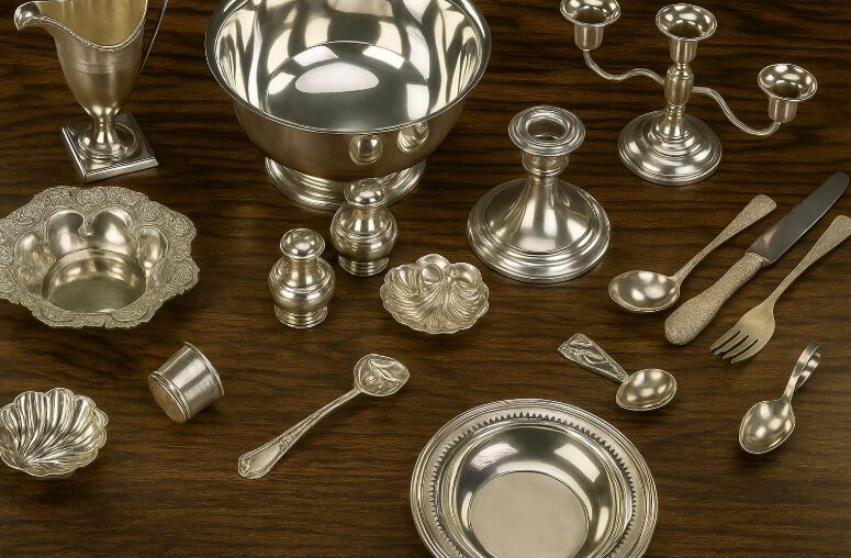 Sterling silver bowls, candlesticks and flatware laid out, items valued by their purity and weight when you sell silver