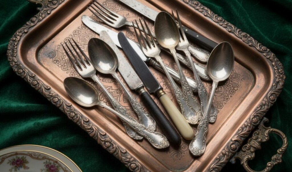 Antique sterling silver flatware laid out on an ornate serving tray, the kind of silver brought in to sell in Kelowna